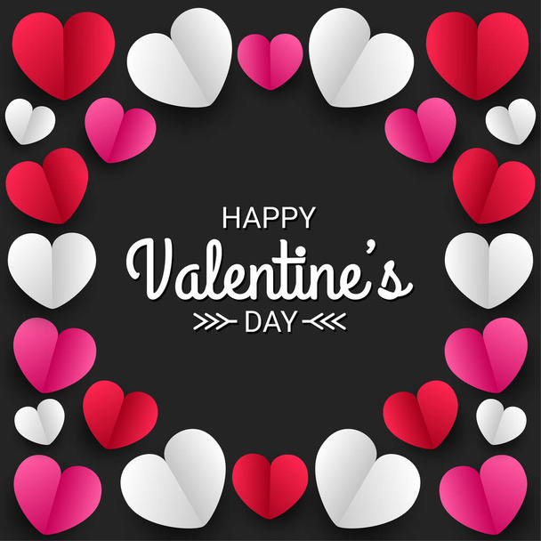 Happy valentines day paper cut style with colorful heart shape in black background - Vector, Image
