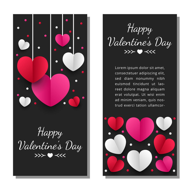 Šťastný Valentines den papír střih styl s barevným tvarem srdce v černém pozadí - Vektor, obrázek