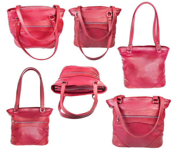 conjunto de bolsos de color rosa hechos a mano de cuero natural aislado sobre fondo blanco - Foto, Imagen