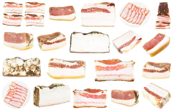 Колекція різних солоних сало (свинячий жирний спис) ізольована на білому тлі. - Фото, зображення
