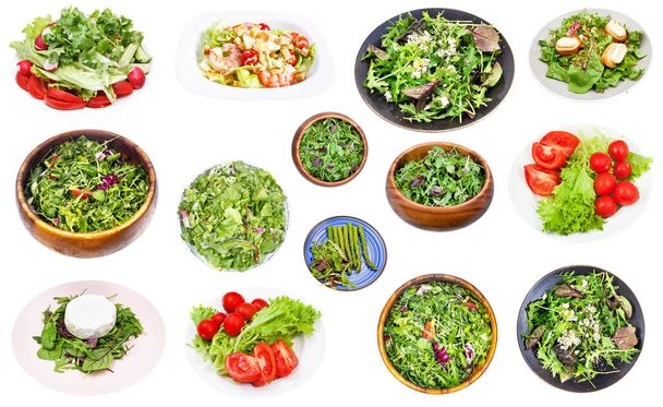 la recogida de la ensalada distinta fresca de hortalizas de hoja aisladas sobre el fondo blanco - Foto, imagen
