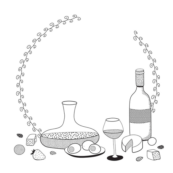 Dibujo Doodle estilo hipster ilustración vectorial en blanco y negro. Un marco de anillo de naturaleza muerta con copa de vino, decantador, botella y aperitivos. Bar restaurante menú anuncios, póster, tarjeta o etiqueta engomada - Vector, imagen