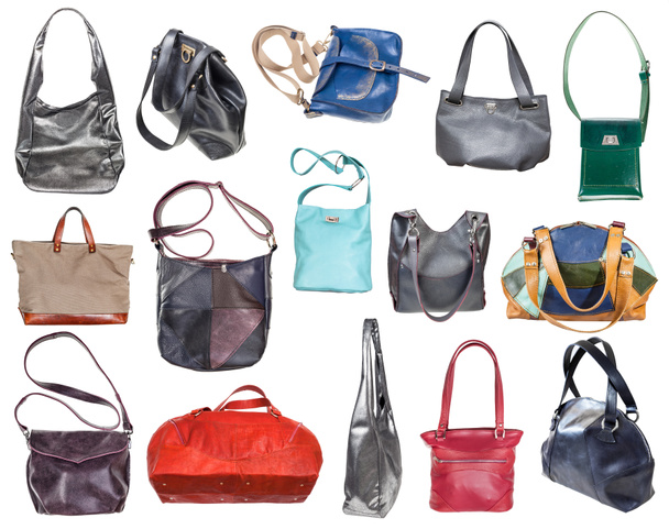 conjunto de vários sacos de couro femininos artesanais isolados no fundo branco - Foto, Imagem