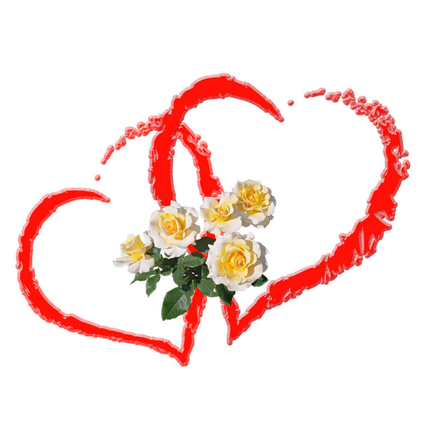 5 rosas brancas com folhas verdes e dois corações vermelhos com textura sobre um fundo branco. Elemento isolado. Imagem 3D. - Foto, Imagem