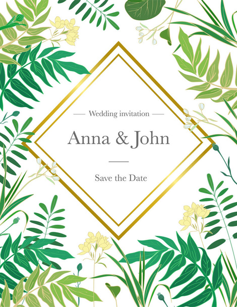 Vzor svatební pozvánky s pěknými zelenými rostlinami a květinami s textem ve zlatém rámečku. - Vektor - Vektor, obrázek