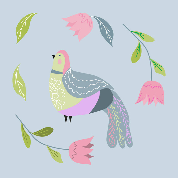 Fantastic bird in the Scandinavian style folk art for design cards, banners, posters. vector illustration - Vektor, Bild