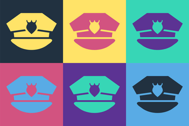 Pop art Cappellino della polizia con icona della cockade isolato su sfondo a colori. Cartello del cappello della polizia. Vettore. - Vettoriali, immagini