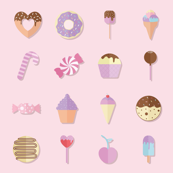 Bündel von Süßigkeiten-Symbolen auf rosa Hintergrund - Vektor, Bild