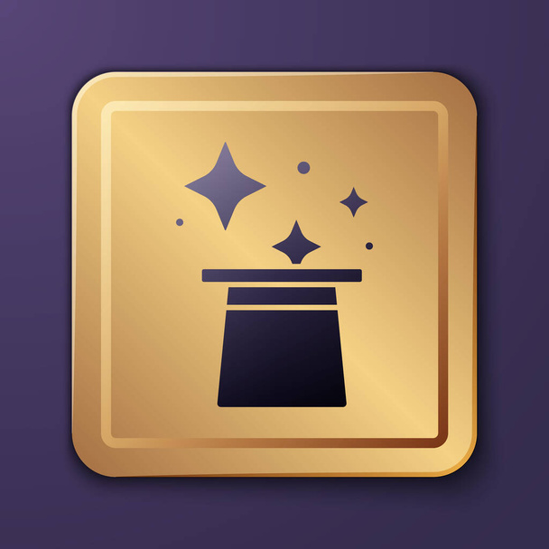 Purple Magic hat icon isolated on purple background. Magic trick. Mystery entertainment concept. Gold square button. Vector. - Vector, Image
