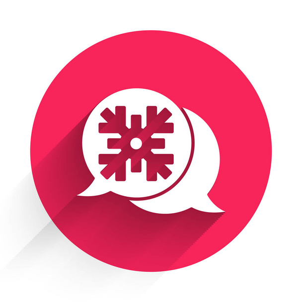 White Snowflake with speech bubble icon isolated with long shadow. Merry Christmas and Happy New Year. Red circle button. Vector. - Vector, afbeelding