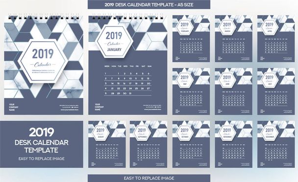 Modello Desk Calendar 2019 - 12 mesi inclusi - A5 Size - Vettoriali, immagini
