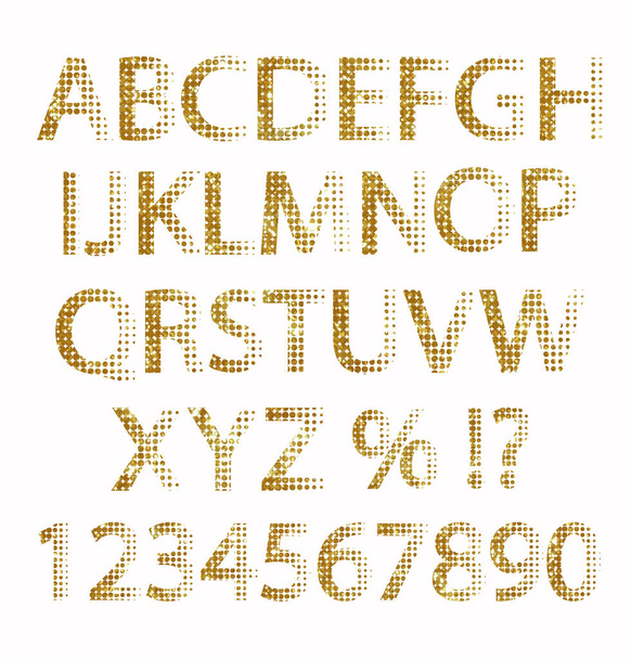 Alphabet numbers and signs in the style of gold sequins on white background - ベクター画像