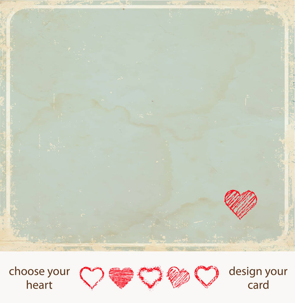 Background for vintage style postcard - blue retro paper with frame with rounded corners and hand drawn red hearts set - Vetor, Imagem