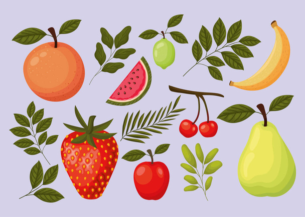 pakiet ikon owoców na fioletowym tle - Wektor, obraz