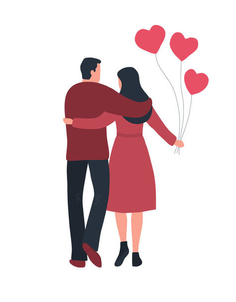 Valentijnsdag illustratie. Jong stel knuffelt en loopt. Achteraanzicht. Het meisje houdt rode ballonnen in de vorm van een hart in haar hand. Vectorillustratie - Vector, afbeelding