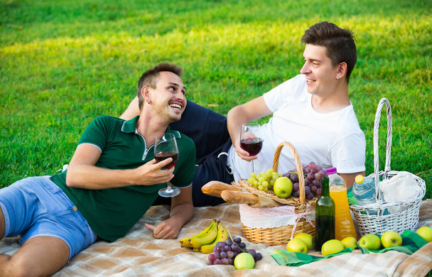 Two males friends gaily spending time together on picnic drinking wine - Foto, immagini