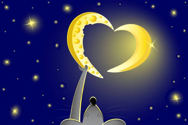 Мышь делает сердце из луны и сыра в звездном ночном небе - Вектор,изображение