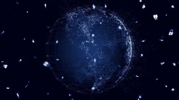 惑星の地図。世界地図だ。世界的なソーシャルネットワーク。未来だ。惑星地球と青の未来的な背景。3Dイラスト. - 写真・画像