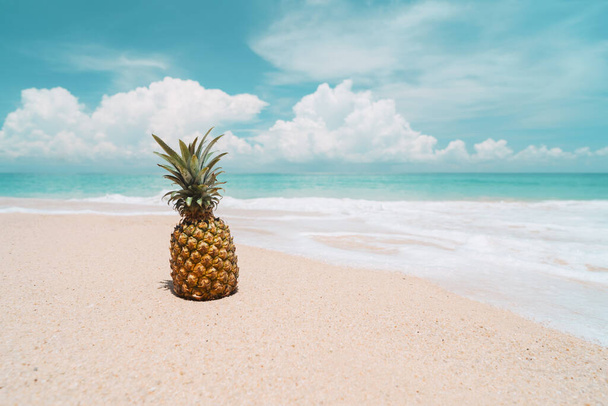 Ananász trópusi tengerparti háttérrel. Nyári vakáció és egészséges étel koncepció. Vintage hangszűrő hatás színes stílus. - Fotó, kép