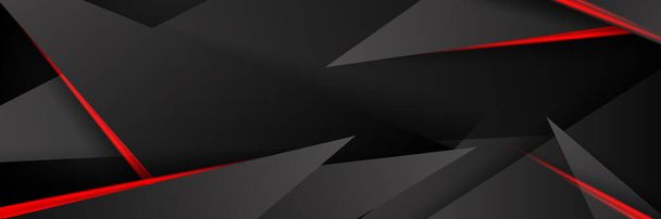Diseño tecnológico moderno de negro rojo abstracto carbono metálico brillante color 3d fondo. Línea de luz roja con formas de triángulo. Plantilla vectorial para juego y presentación - Vector, imagen