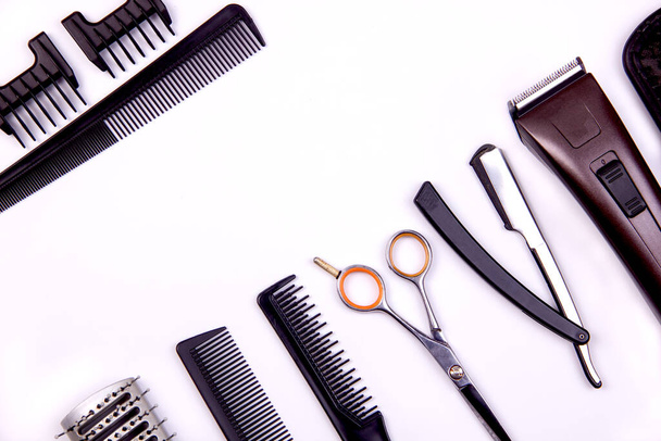 Hairdressing tools laid out on the table top view - Photo, Image