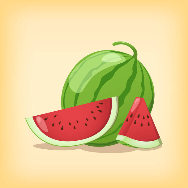 sandía fruta fresca rebanada y todo con el color realista diseño de vectores de estilo plano ilustración - Vector, Imagen