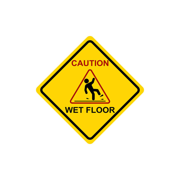 黄色の看板は白い背景に隔離された湿った床に注意してください。フラットデザインのベクトルイラスト。注意サイン、注意、警告。進行中の掃除.  - ベクター画像