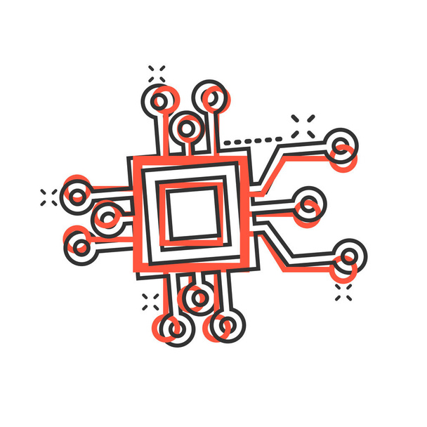 Computer chip icoon in komische stijl. Circuit board cartoon vector illustratie op witte geïsoleerde achtergrond. Cpu processor splash effect business concept. - Vector, afbeelding
