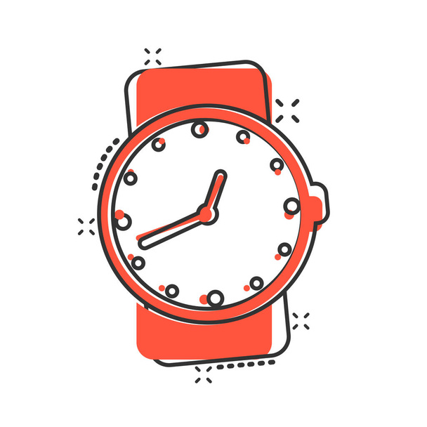 Armbanduhr-Ikone im Comic-Stil. Zeiger-Uhr Cartoon-Vektor-Illustration auf weißem, isoliertem Hintergrund. Zeitarmband-Splash-Effekt Geschäftskonzept. - Vektor, Bild