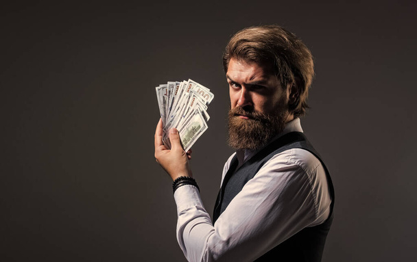 Rich man hold money cash financial success, economy crisis concept - Фото, изображение