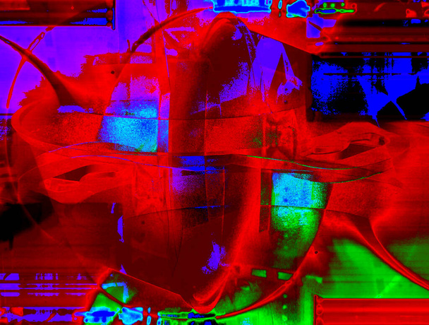 Fundo abstrato em vermelho, verde e azul, com um ritmo espetacular e inserções. Imagem surreal em estilo moderno. Para o seu papel de parede, projetos de arte e obras - Foto, Imagem