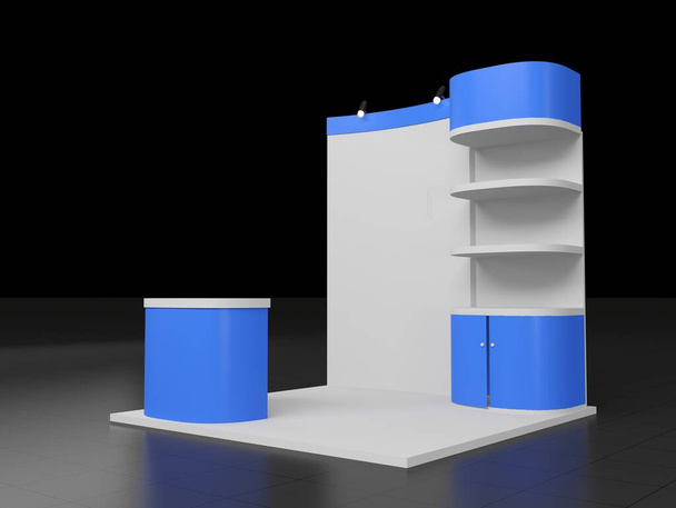 Azul 3d renderizado stand o stand en una feria, Diseño de maqueta exposición virtual - Foto, Imagen
