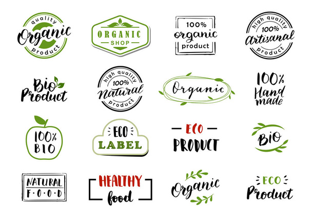 Hand drawn lettering and calligraphy for natural product logos, labels and icons. Collection of organic and bio elements.  - Vector, Image