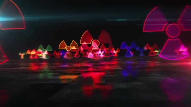 Nuclear warning symbol, radioactive danger neon sign and atomic energy icon loop concept. Flight between sign. Futuristic space abstract 3d rendering animation. - Footage, Video