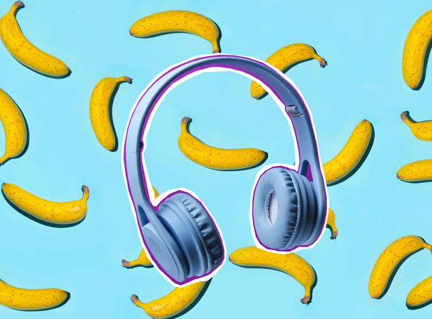 Zineスタイル、ポップアートデザイン。ヘッドフォンやバナナと創造的なコラージュ - 写真・画像