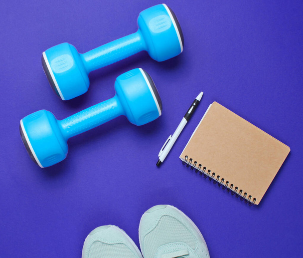 Σχέδιο γυμναστικής, σχέδιο γυμναστικής. Αθλητικά παπούτσια, πλαστικά μπλε αλτήρες, σημειωματάριο σε μπλε φόντο. Στο πάνω μέρος. Επίπεδη - Φωτογραφία, εικόνα