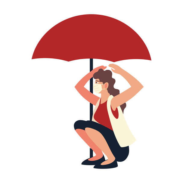 covid 19 virus and woman with mask and umbrella vector design - Vector, imagen