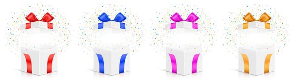 Gift boxes with colorful ribbons, and confetti. - Vector, Image