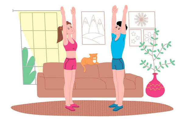 Young boy and girl doing sports physical exercises, home workouts and fitness at home during quarantine and lead healthy lifestyle. Flat vector illustration. Men and women using the house as a gym. - Vector, Image