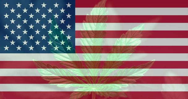 Weed Decriminalization in US. hoja de marihuana de cannabis en la bandera de EE.UU. Legalización del cannabis en Estados Unidos. Cannabis medicinal en América. - Foto, imagen