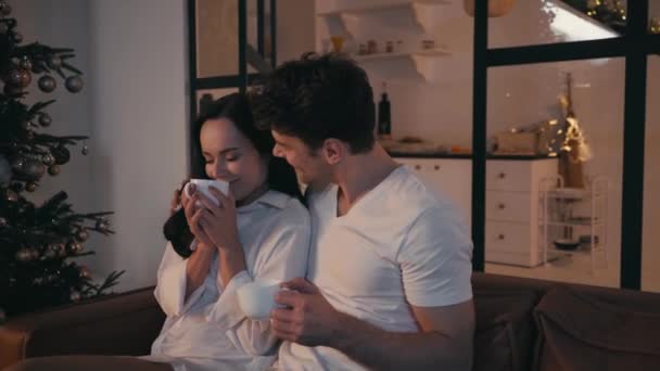 felice uomo abbracciare fidanzata mentre beve il tè vicino albero di Natale sul divano - Filmati, video