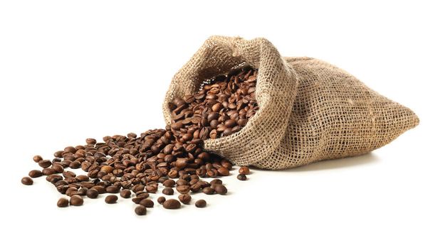 白い背景にコーヒー豆の袋 - 写真・画像