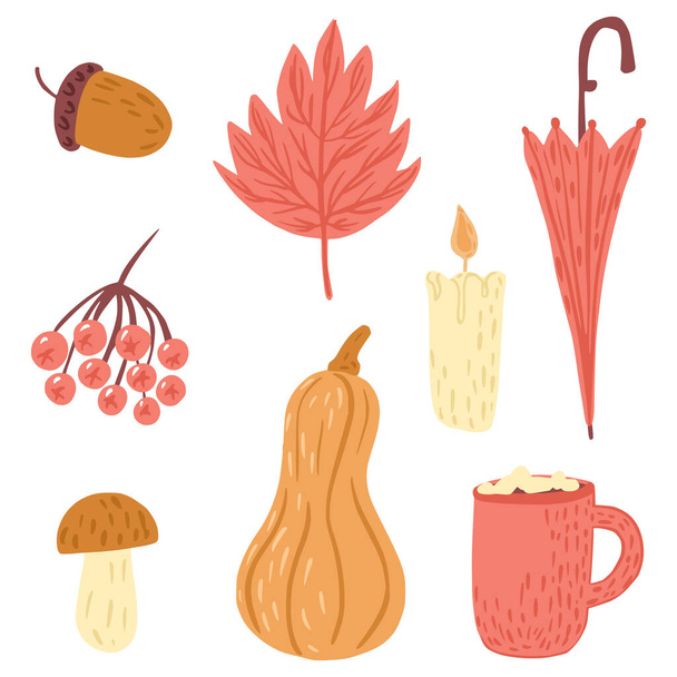Set of autumn mood isolated on white background. Cartoon rowan, umbrella, leaf, acorn, candle, hot chocolate, marshmallows, mushroom, pumpkin. Doodle style vector illustration - Vector, Image