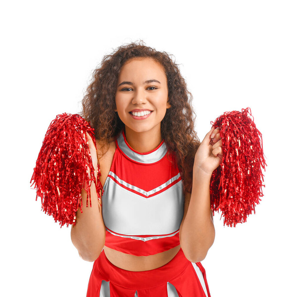 Beautiful young cheerleader on white background - Photo, Image
