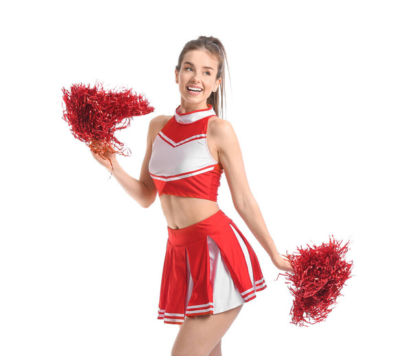 Beautiful young cheerleader on white background - Foto, Imagem