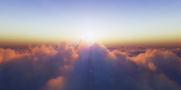 Hermosa vista aérea por encima de las nubes con puesta de sol. ilustración 3d
 - Foto, imagen