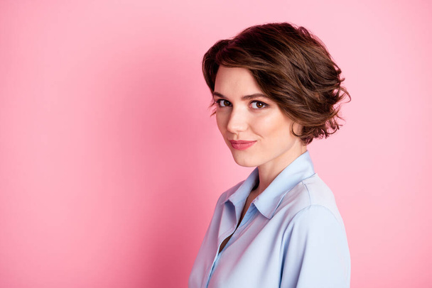 Closeup profile photo of attractive business lady smiling without teeth charming cute appearance self-confident successful person wear blue office shirt isolated pink pastel color background - Foto, imagen
