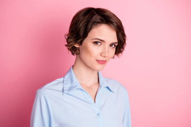 Closeup photo of attractive business lady smiling without teeth charming cute appearance self-confident successful person wear blue office shirt isolated pink pastel color background - Фото, изображение