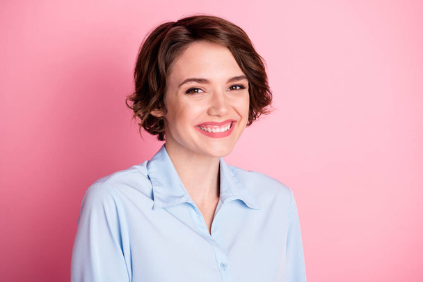 Closeup photo of attractive amazing pretty nice business lady good mood smiling white teeth charming cute appearance wear blue office shirt isolated pink pastel color background - Foto, Imagem