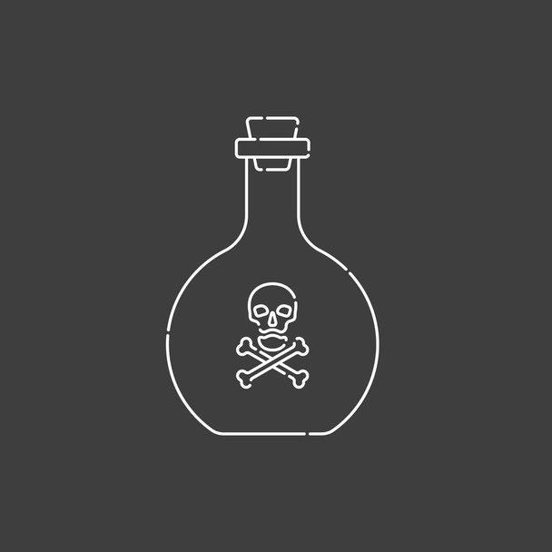 Flask poison with skull full face for concept design. Dangerous container. Potion beverage medical conception. Chemistry icon. Venom, danger symbol. Isolated flat illustration on black background - Vector, Image